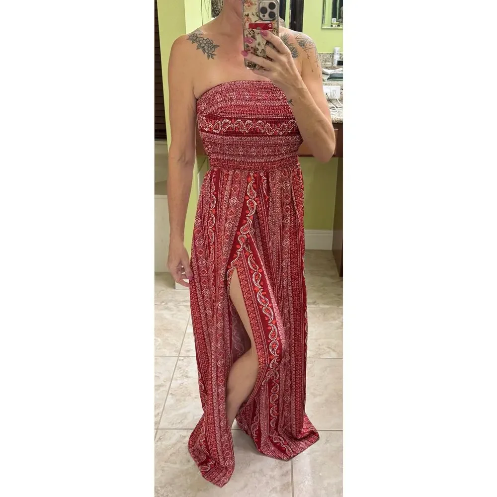 Boho Red Paisley print strapless wide leg large jumpsuit hippie resort vacation - Picture 1 of 9